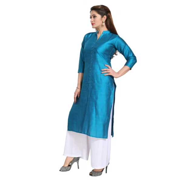 Women's Silk Self Pattern Straight Kurti-Blue