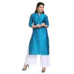 Women's Silk Self Pattern Straight Kurti-Blue