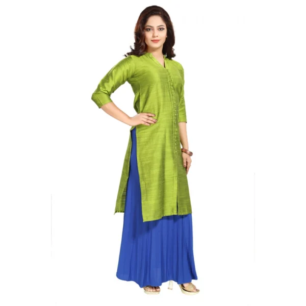 Women's Silk Self Pattern Straight Kurti-Green