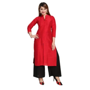 Women's Silk Self Pattern Straight Kurti-Red