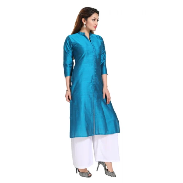 Women's Silk Self Pattern Straight Kurti-Blue