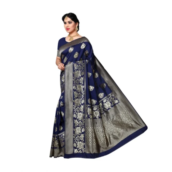 Women's Jacquard Silk Saree With Blouse (Nevy Blue,6-3 Mtrs)
