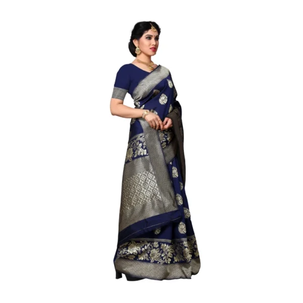 Women's Jacquard Silk Saree With Blouse (Nevy Blue,6-3 Mtrs)
