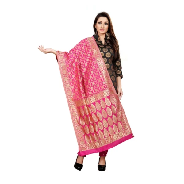 Women's Jacquard Silk Unstitched Salwar-Suit Material With Dupatta (Black,2-2.5Mtrs)
