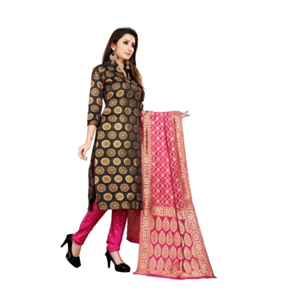 Women's Jacquard Silk Unstitched Salwar-Suit Material With Dupatta (Black,2-2.5Mtrs)