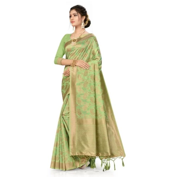 Women's Banarasi (Spun Cotton) Saree (Pista Green,5-6 Mtrs)