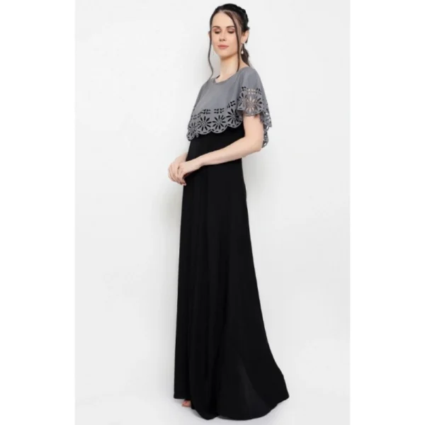 Women's Crepe Solid Sleeveless Full Length Gown(Grey Black)