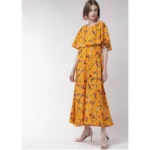 Women's Crepe Floral Half Sleeves Full Length Gown(Yellow)