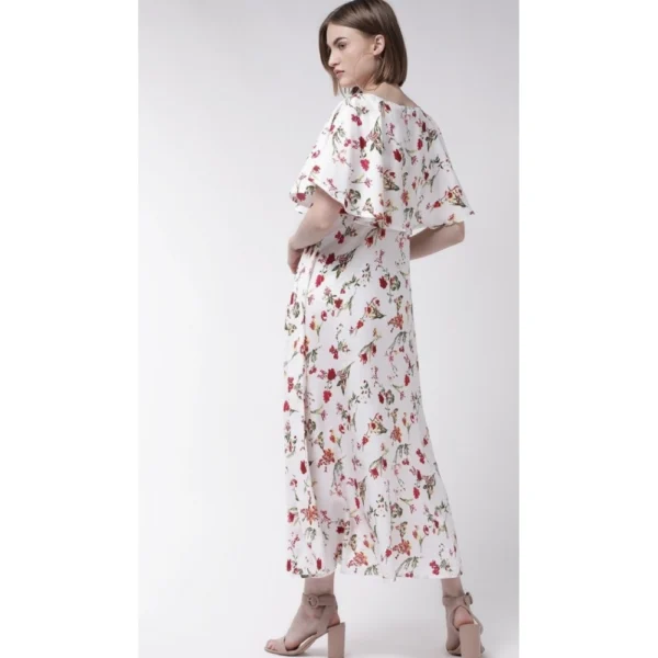 Women's Crepe Floral Half Sleeves Full Length Gown(White)