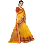 Women's Kota Doria Cotton Border Saree With Blouse (Yellow, 5-6 Mtrs)