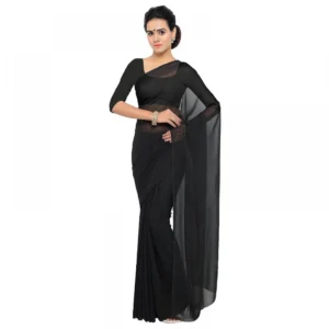 Women's Georgette Plain Saree With Blouse (Black, 5-6 Mtrs)