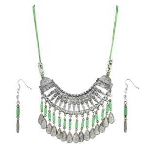 Women's Oxidized German Silver Green Beads Necklace (Color: Green)