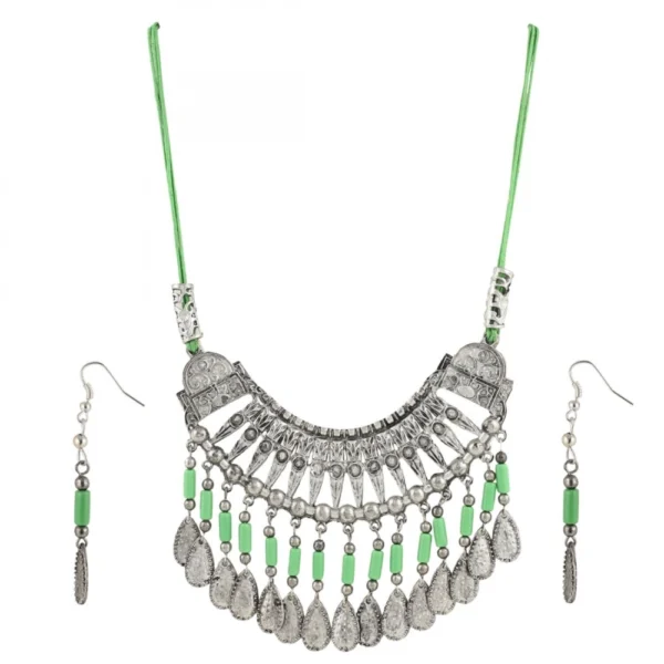 Women's Oxidized German Silver Green Beads Necklace (Color: Green)