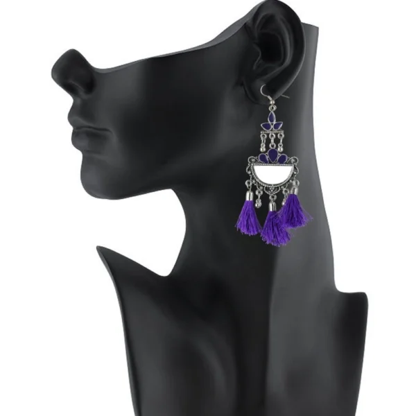 Women's Silver Plated Afgani Tassel Earring (Color: Purple)