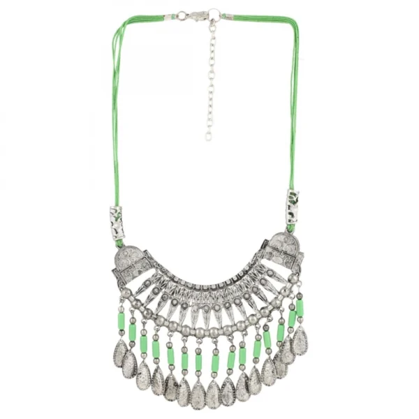 Women's Oxidized German Silver Green Beads Necklace (Color: Green)