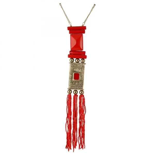 Women's Red and Golden Designer Tibetan Style Beads Necklace (Color: Red)
