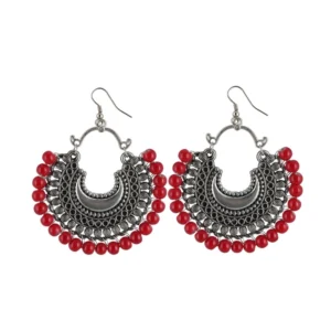 Women's Silver Plated Hook Dangler Hanging Beads Earring (Color: Red)