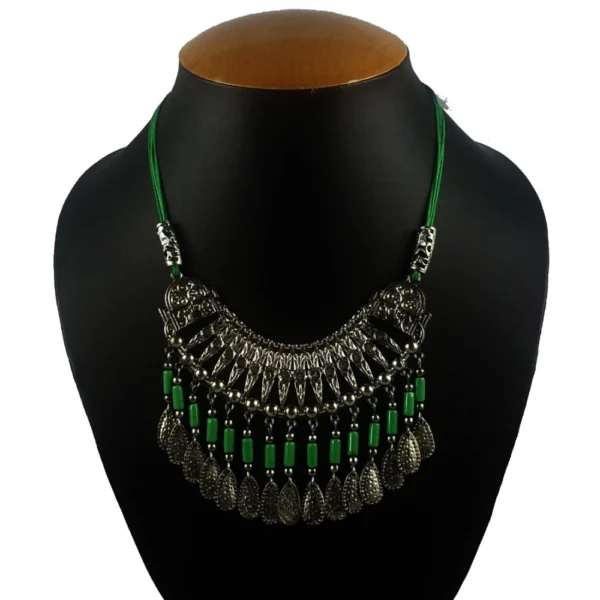Women's Oxidized German Silver Green Beads Necklace (Color: Green)