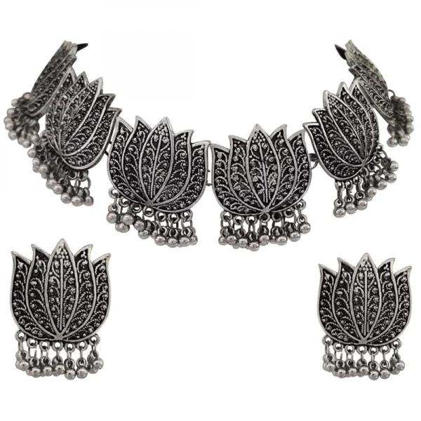 Antique Silver Oxidised Tribal Afghani Necklace With Earrings Set For Women