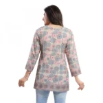 Women's Quarter Sleeve Faux Crepe Printed Short Kurti Tunic Top (Color:Pastel)