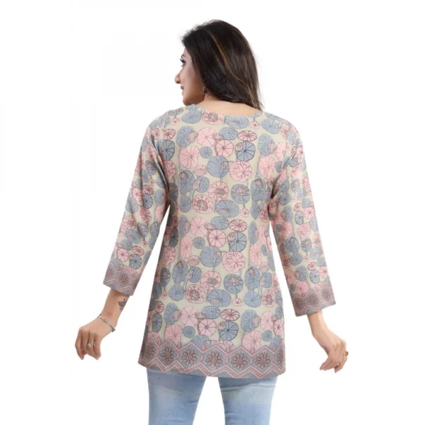 Women's Quarter Sleeve Faux Crepe Printed Short Kurti Tunic Top (Color:Pastel)