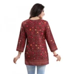 Women's Quarter Sleeve Faux Crepe Printed Short Kurti Tunic Top (Color:Red)