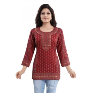 Women's Quarter Sleeve Faux Crepe Printed Short Kurti Tunic Top (Color:Red)