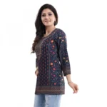 Women's Quarter Sleeve Faux Crepe Printed Short Kurti Tunic Top (Color:Blue)