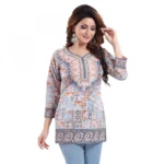 Women's Quarter Sleeve Faux Crepe Printed Short Kurti Tunic Top (Color:Blue)