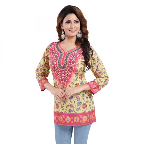 Women's Quarter Sleeve Faux Crepe Printed Short Kurti Tunic Top (Color:Yellow)