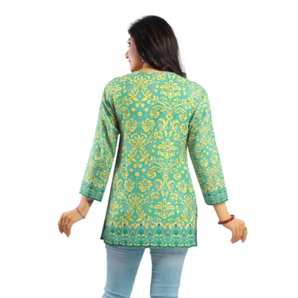Women's Quarter Sleeve Faux Crepe Printed Short Kurti Tunic Top (Color:Green)