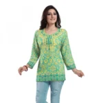 Women's Quarter Sleeve Faux Crepe Printed Short Kurti Tunic Top (Color:Green)