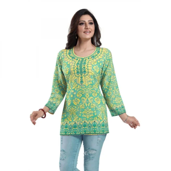Women's Quarter Sleeve Faux Crepe Printed Short Kurti Tunic Top (Color:Green)