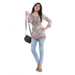 Women's Quarter Sleeve Faux Crepe Printed Short Kurti Tunic Top (Color:Pastel)