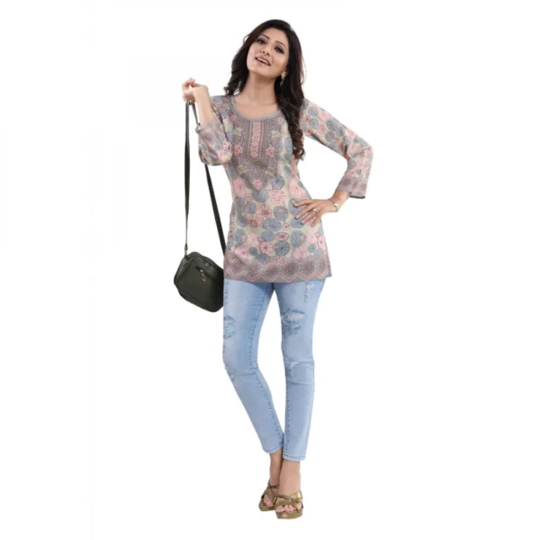 Women's Quarter Sleeve Faux Crepe Printed Short Kurti Tunic Top (Color:Pastel)
