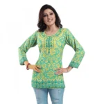 Women's Quarter Sleeve Faux Crepe Printed Short Kurti Tunic Top (Color:Green)