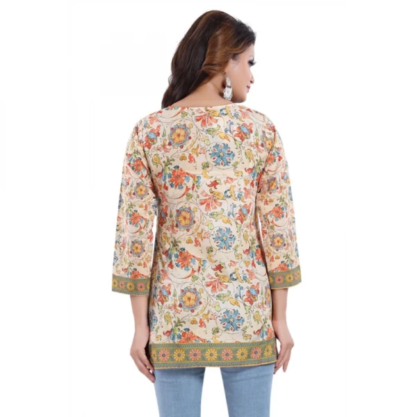 Women's Quarter Sleeve Faux Crepe Printed Short Kurti Tunic Top (Color:Multicolor)