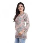 Women's Quarter Sleeve Faux Crepe Printed Short Kurti Tunic Top (Color:Pastel)