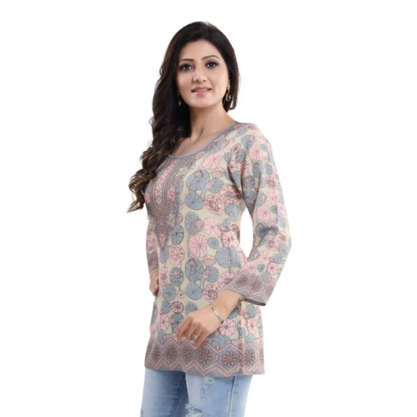 Women's Quarter Sleeve Faux Crepe Printed Short Kurti Tunic Top (Color:Pastel)