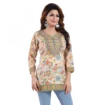 Women's Quarter Sleeve Faux Crepe Printed Short Kurti Tunic Top (Color:Multicolor)