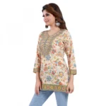 Women's Quarter Sleeve Faux Crepe Printed Short Kurti Tunic Top (Color:Multicolor)