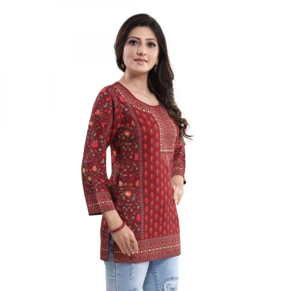 Women's Quarter Sleeve Faux Crepe Printed Short Kurti Tunic Top (Color:Red)