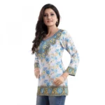 Women's Quarter Sleeve Faux Crepe Printed Short Kurti Tunic Top (Color:White)
