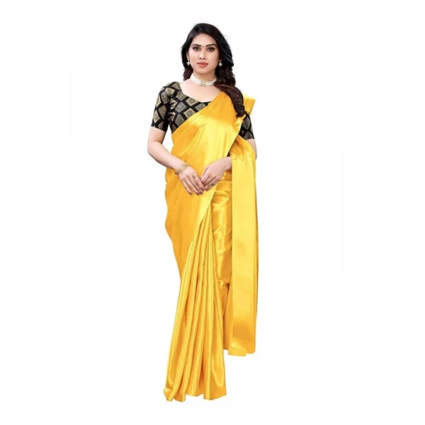 Women's Satin Saree With Blouse (Yellow, 5-6mtrs)