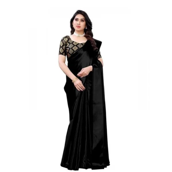 Women's Satin Saree With Blouse (Black, 5-6mtrs)