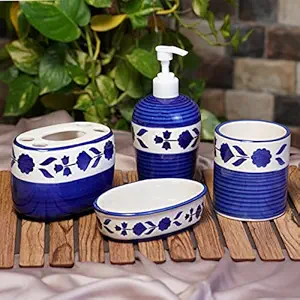 Freakway Ceramic Bathroom Accessories Set for Utility and Bathroom Decor | Liquid Soap Dispenser, soap Tray, Toothbrush Holder Handcrafted Blue Multicolored Floral Art Heartfelt -Collection