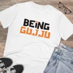 Men's PC Cotton Being Gujju Printed T Shirt (Color: White, Thread Count: 180GSM)