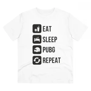 Men's PC Cotton Eat Sleep Pubg Repeat Printed T Shirt (Color: White, Thread Count: 180GSM)