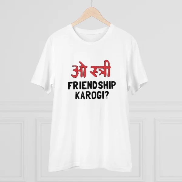 Men's PC Cotton Oo Shtree Friendship Karogi Kya Printed T Shirt (Color: White, Thread Count: 180GSM)
