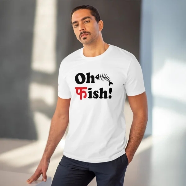 Men's PC Cotton Oh Fish Printed T Shirt (Color: White, Thread Count: 180GSM)